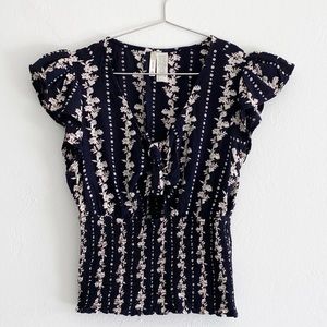 Black Blouse Cream Floral Top With Ruffle Sleeves